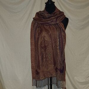 Avenue Paisley Scarf Or Stole in Wine, Purple, Blue, Gold, and Mustard w/ Fringe